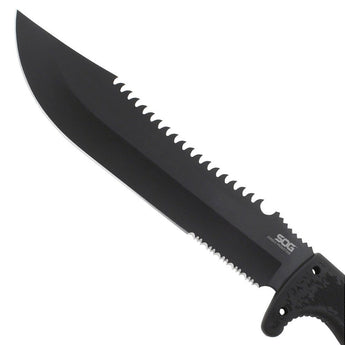 SOG Jungle Primitive Fixed Blade Knife - 9.5-inch Partially Serrated, Clip Point - Hardcased Black Finish - Black Handle - Nylon Sheath - Clam Pack (F03TN-CP)