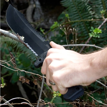 SOG Jungle Primitive Fixed Blade Knife - 9.5-inch Partially Serrated, Clip Point - Hardcased Black Finish - Black Handle - Nylon Sheath - Clam Pack (F03TN-CP)