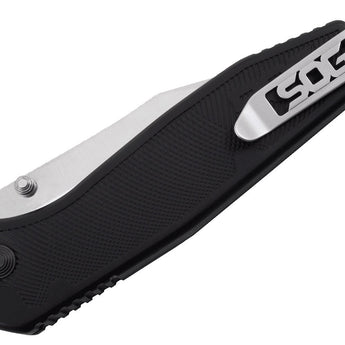 SOG Flare Assisted Folding Knife - 3.5 Inch Straight Edge - Clip Point - Satin Finish - Black - Blister Pack (FLA1001-CP)