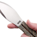 SOG Fling Fixed Blade Throwing Knife Set - 2.8-inch Straight Edge, Spear Point - Satin Finish - Green and Tan Paracord Handle - Nylon Sheath - 3-Piece Clam Pack (FX41N-CP)