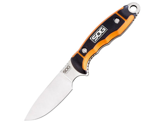 SOG HuntsPoint Fixed Blade Tactical Skinning Knife - 3.6-inch Straight Edge, Drop Point - Satin S30V Blade - Orange Handle - Leather Sheath - Clam Pack (HT014L-CP)