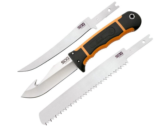 SOG Exchange Interchangeable Fixed Blade Knife Set - 4.3-inch Saw / Straight Edge, Drop Point with Gut Hook / Fillet - Satin Finish - Orange Handle - Nylon Sheath - Clam Pack (HT201N-CP)