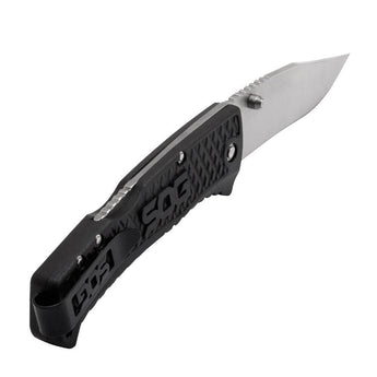 SOG Traction Folding Knife - 3.5-inch Straight Edge, Clip Point - Satin Finish - Black Handle - Clam Pack (TD1011-CP)