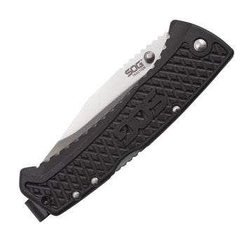 SOG Traction Folding Knife - 3.5-inch Straight Edge, Clip Point - Satin Finish - Black Handle - Clam Pack (TD1011-CP)