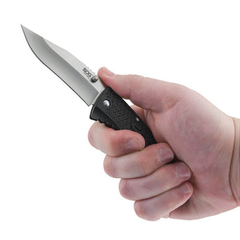 SOG Traction Folding Knife - 3.5-inch Straight Edge, Clip Point - Satin Finish - Black Handle - Clam Pack (TD1011-CP)