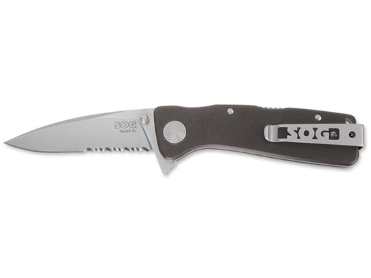 SOG Twitch XL Folding Knife - Partially Serrated, Satin, Graphite handle - Clam Pack (TWI920-CP)