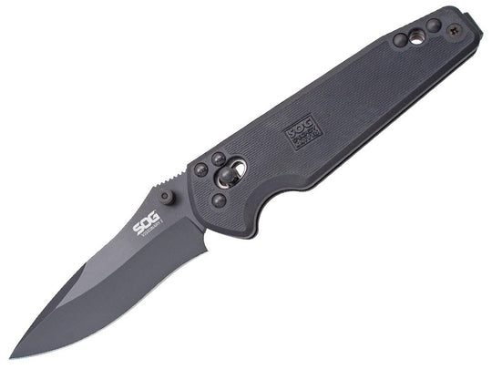 SOG Visionary I Folding Knife - 3-inch Straight Edge, Drop Point - Black Powder Coated - Black Handle - Clam Pack (VS01-CP)
