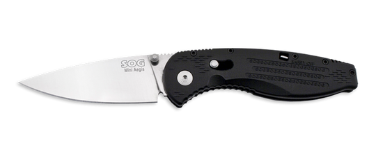 SOG Aegis Mini Folding Knife - 3-inch Straight Edge, Clip Point - Satin Finish - Black Handle - Clam Pack (AE21-CP)