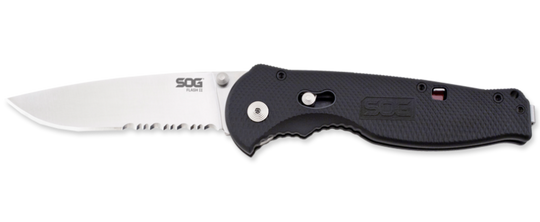 SOG Flash II Folding Knife - 3.5-inch Partially Serrated, Drop Point - Satin Finish - Black Handle - Clam Pack (FSA98)
