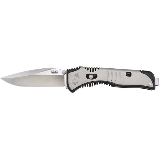 SOG Flashback Folding Knife - 3.5-inch Straight Edge, Clip Point - Satin Finish - Silver Handle - Boxed (SAT001-BX)