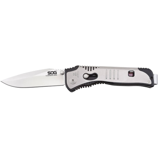 SOG Flashback Mini Folding Knife - 3-inch Straight Edge, Drop Point - Satin Finish - Silver Handle - Boxed (SAT101-BX)