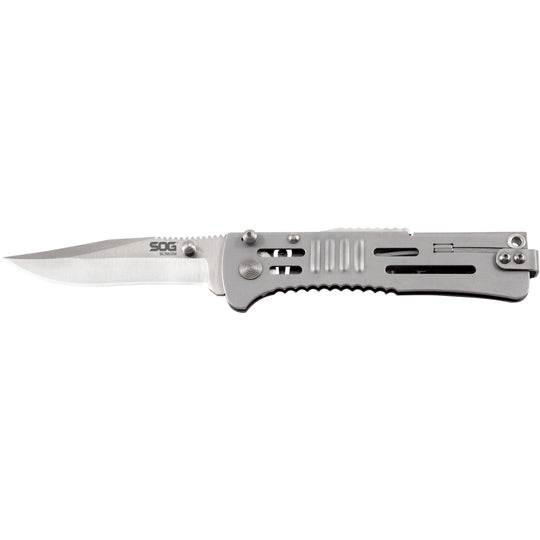 SOG Slim Jim Folding Knife - 3.18-inch Straight Edge, Clip Point - Satin Finish - Silver Handle - Boxed (SJ31-BX)