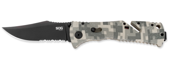 SOG Trident Folding Knife - 3.75-inch Partially Serrated, Clip Point - Hardcased Black TiNi Finish (TF1-BX) with Black Handle, or Hardcased Copper TiNi Finish (TF5) with Desert Camo Handle