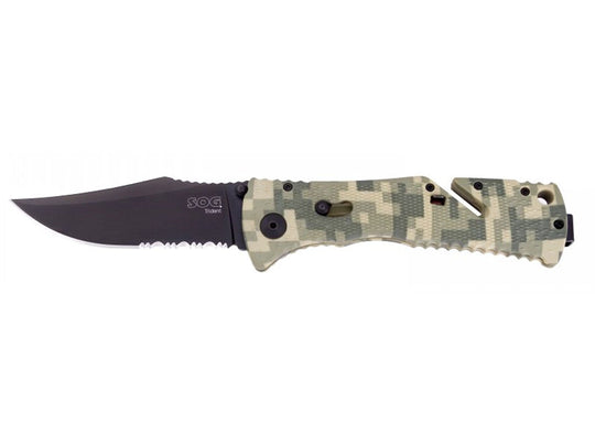 SOG Trident Folding Knife - 3.75-inch Partially Serrated, Clip Point - Hardcased Black TiNi Finish (TF1-BX) with Black Handle, or Hardcased Copper TiNi Finish (TF5) with Desert Camo Handle