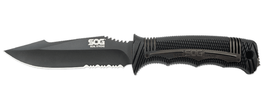 SOG SEAL Strike Fixed Blade Knife - 4.9-inch Partially Serrated, Clip Point - Black TiNi - Black Handle - Deluxe Sheath - Clam Pack (SS1003-CP)