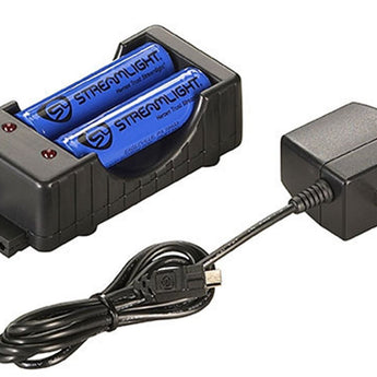 Streamlight 2-Bay Li-ion Battery Charger Kit with 2 x 18650s with USB Cable (22010) or AC Wall Cable (22011)