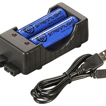 Streamlight 2-Bay Li-ion Battery Charger Kit with 2 x 18650s with USB Cable (22010) or AC Wall Cable (22011)