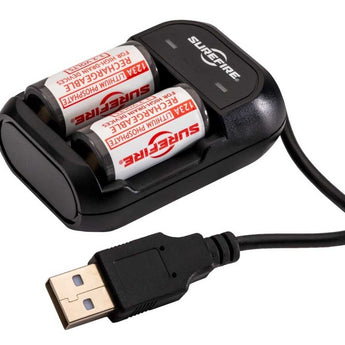 SureFire SF2R Charger Kit - Includes 2-Bay Smart Charger and 2 x RCR123A / 16340 Lithium Iron Phosphate (LiFePO4) Button Top Batteries