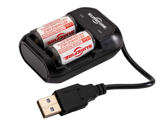 SureFire SF2R Charger Kit - Includes 2-Bay Smart Charger and 2 x RCR123A / 16340 Lithium Iron Phosphate (LiFePO4) Button Top Batteries