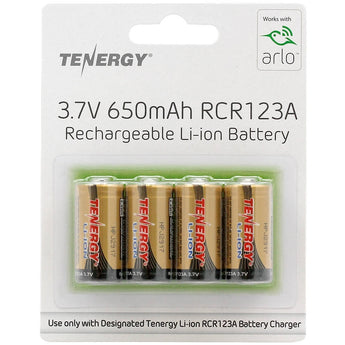 Tenergy 34153 RCR123A / 16340 650mAh 3.7V Lithium Ion (Li-ion) Rechargeable Button-Top Batteries for the Arlo Camera System - 4-Pack Retail Card