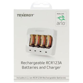 Tenergy 34154 Combo Kit for the Arlo Camera System - 4 x RCR123A / 16340 650mAh 3.7V Lithium Ion (Li-ion) Rechargeable Button-Top Batteries and 1 x  4-Bay Charger
