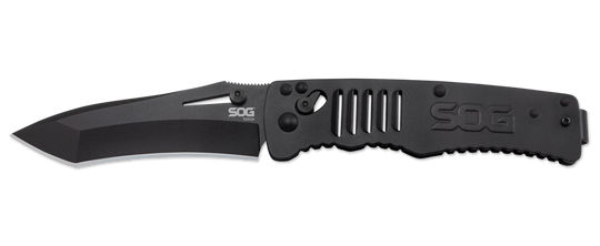 SOG Targa Folding Knife - 3.5-inch Straight Edge, Tanto - Black TiNi - Black Handle - Boxed (TG1002-BX)