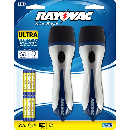 Rayovac Value Bright 3AAA LED Comfort Grip Flashlight - 9 Lumens - Twin Pack - Uses 3 x AAA - Includes Batteries