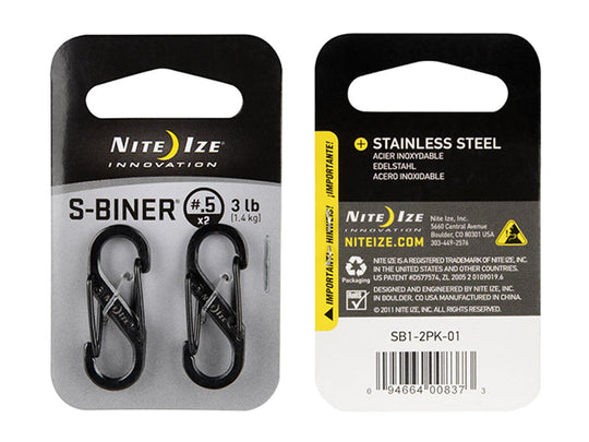Nite Ize S-Biner - Stainless Steel Double-Gated Carabiner Clip - #0.5 - 2 Pack - Black (SBHLF-2PK-01)