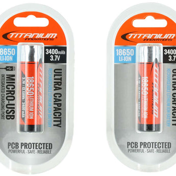 Titanium Innovations 18650 3400mAh 3.7V Lithium Ion (Li-Ion) Protected Button Top Battery with Micro USB Charging Port - 1pc Clam Shell
