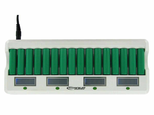 Titanium Innovations MD-1600L 16-Bay Smart Fast Battery Charger with LCD Display - NIMH AA and AAAs - AC 100-240V + DC Adapters