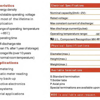 Titus ER14505-AX AA 2400mAh 3.6V Lithium Thionyl Chloride (LiSOCI2) Button Top Battery with Axial Leads - Bulk