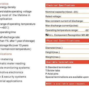 Titus ER17505M A 2800mAh 3.6V Lithium Thionyl Chloride (LiSOCI2) Spiral Wound Button Top Battery - Bulk