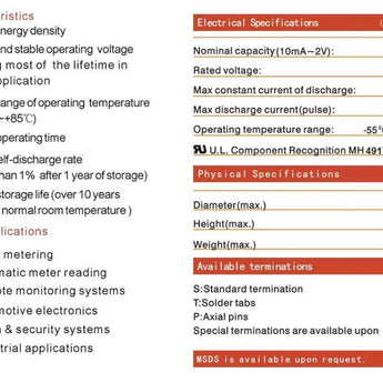 Titus ER18505M Fat-A 3200mAh 3.6V Lithium Thionyl Chloride (LiSOCI2) Spiral Wound Button Top Battery - Bulk