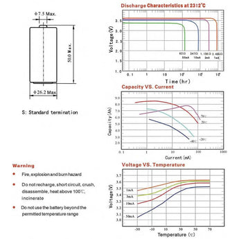 Titus ER26500M-AX C 6500mAh 3.6V Lithium Thionyl Chloride (LiSOCI2) Spiral Wound Button Top Battery with Axial Leads - Bulk