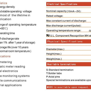 Titus ER34615M-AX D 14000mAh 3.6V Lithium Thionyl Chloride (LiSOCI2) Spiral Wound Button Top Battery with Axial Leads - Bulk