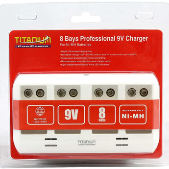 Titanium Innovations TTP9V 8-Bay Smart Battery Charger - NiMH 9Vs - AC 100-240V + DC Adapters