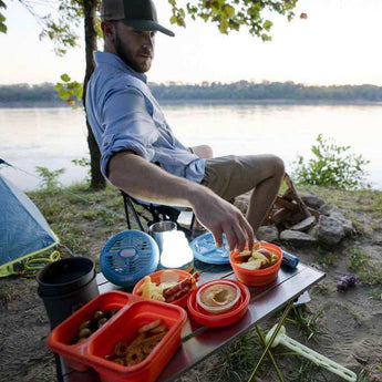 Ultimate Survival Technologies FlexWare Mess Kit 1.0 - Silicone - 2-Compartment Collapsible Food Tray with Fork/Spoon Lid Combo - Orange