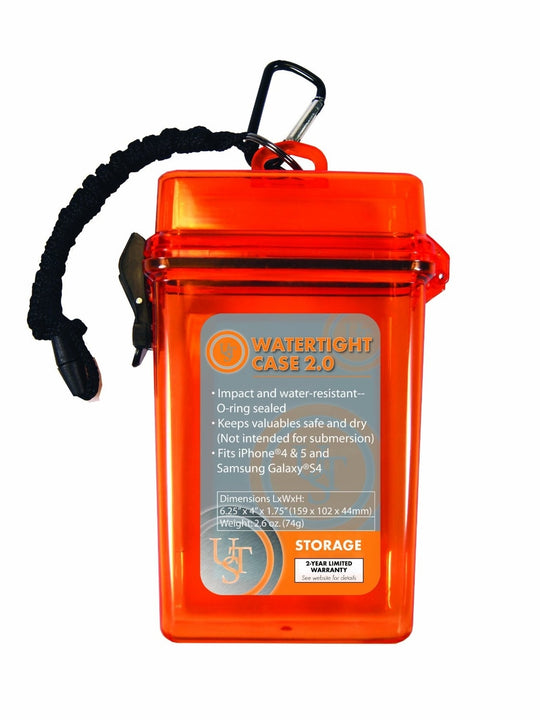 Ultimate Survival Technologies Watertight Case 2.0 Container - 5.5 x 3.2 x 1.25-inch Plastic Storage Case with Lanyard and Carabiner - Orange (20-285543-08)