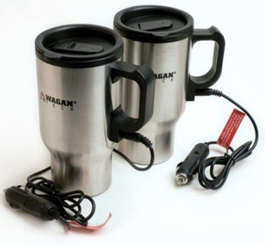 Wagan 2227-1 12V Ceramic Heated Travel Mugs - Pair - (Silver) in Color Box