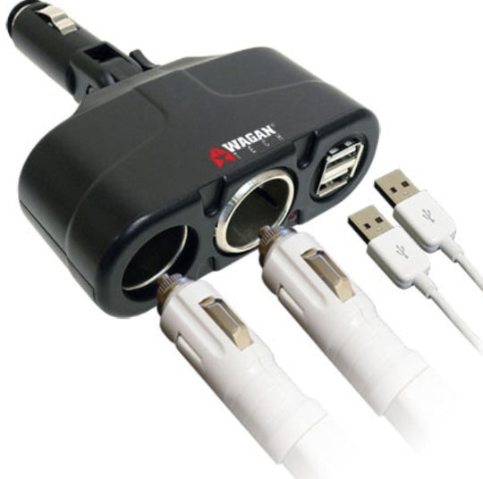 Wagan Travel Adapter With Dual 12V DC Sockets and 2 USB Power Ports (2438)