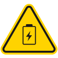 a yellow triangle sign with a battery icon