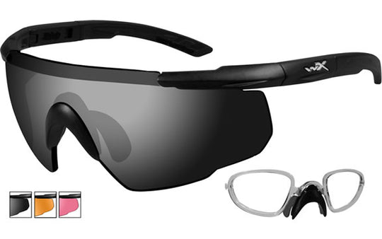Wiley X Saber Advanced Changeable Sunglasses with High Velocity Protection - Matte Black Frame with Smoke Grey - Light Rust - Vermillion Lens Kit with Rx Insert (309RX)