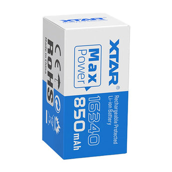 XTAR RCR123A / 16340 850mAh 3.6V Protected Lithium Ion (Li-ion) Button Top Battery - Boxed