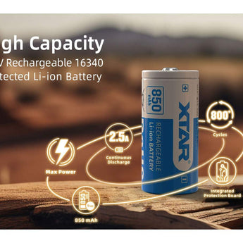 XTAR RCR123A / 16340 850mAh 3.6V Protected Lithium Ion (Li-ion) Button Top Battery - Boxed