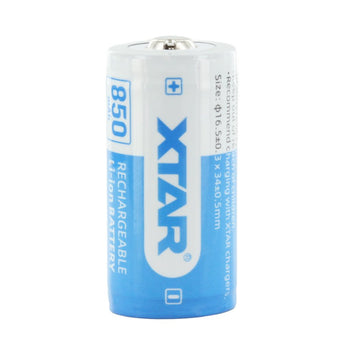 XTAR RCR123A / 16340 850mAh 3.6V Protected Lithium Ion (Li-ion) Button Top Battery - Boxed
