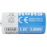 XTAR RCR123A / 16340 850mAh 3.6V Protected Lithium Ion (Li-ion) Button Top Battery - Boxed