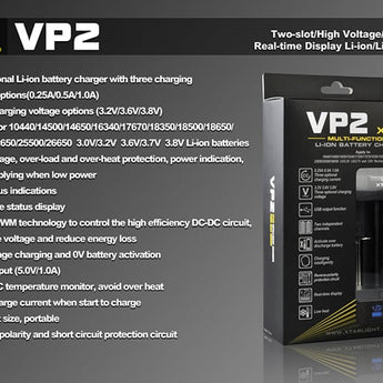 XTAR VP2 2-bay Li-ion/Li-Po Battery Charger - Charges 10440, 14500, 14650, 16340, 17500, 17670, 18350, 18500, 18650, 18700, 22650, 25500, and 26650