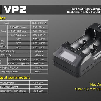 XTAR VP2 2-bay Li-ion/Li-Po Battery Charger - Charges 10440, 14500, 14650, 16340, 17500, 17670, 18350, 18500, 18650, 18700, 22650, 25500, and 26650