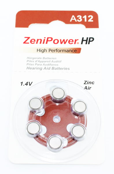 ZeniPower HP 312 (A312) Hearing Aid Zinc Air Battery - 6-Pack